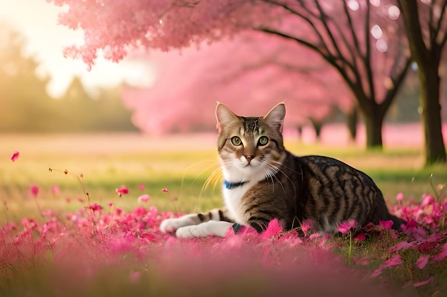 A cat in a field of flowers