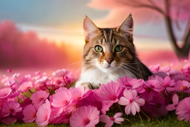 A cat in a field of flowers