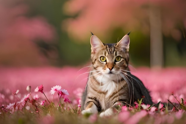 A cat in a field of flowers