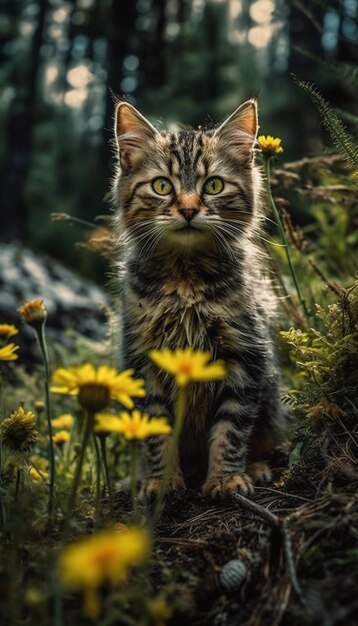 花畑にいる猫