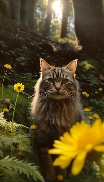 A cat in a field of flowers