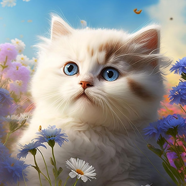 A cat in a field of flowers