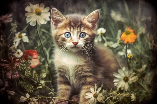 A cat in a field of flowers