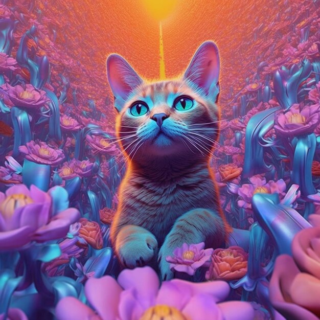 A cat in a field of lotus flowers
