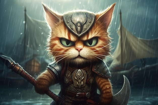 Cat fierce Viking warrior wearing a horned helmet and wielding a battle axe with a Viking longship in the background big eyes cartoon style illustration generative ai