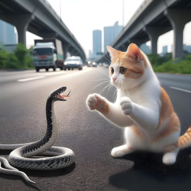Кошка борется с змеей на шоссе.