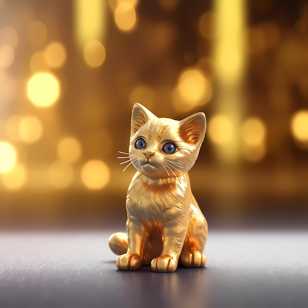 A cat figurine with blue eyes sits on a table.