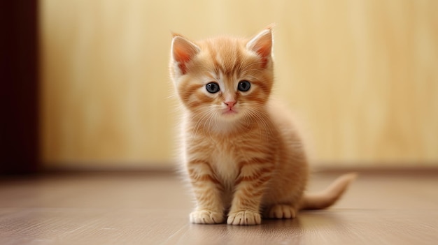 A cat on the floor with a yellow background