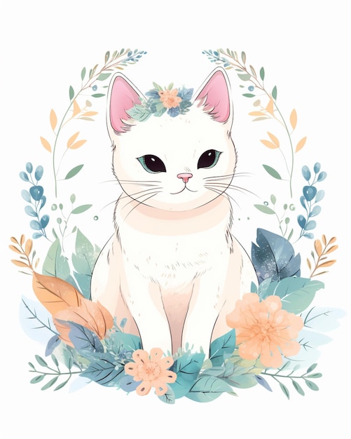 A cat in a floral wreath.