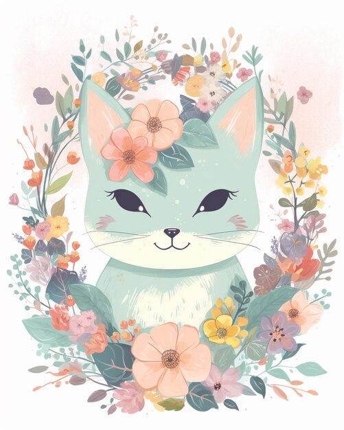 A cat in a flower wreath