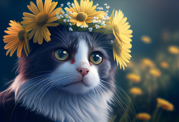 Cat flowers on the head Generative AI