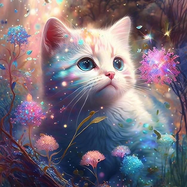 花の中の猫の絵 - 花の中の猫 by mgl meiklejohn グラフィック ライセンス