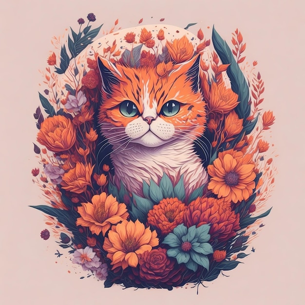 花の花束の中の猫