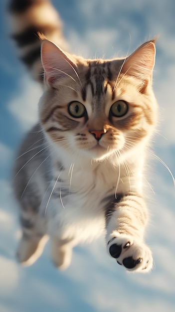 Кошка, летящая в воздухе или милая кошка, падающая с неба