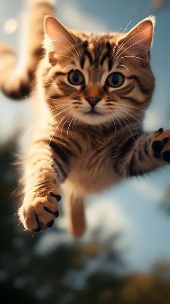 Foto gatto che vola in aria o gatto carino che cade dal cielo