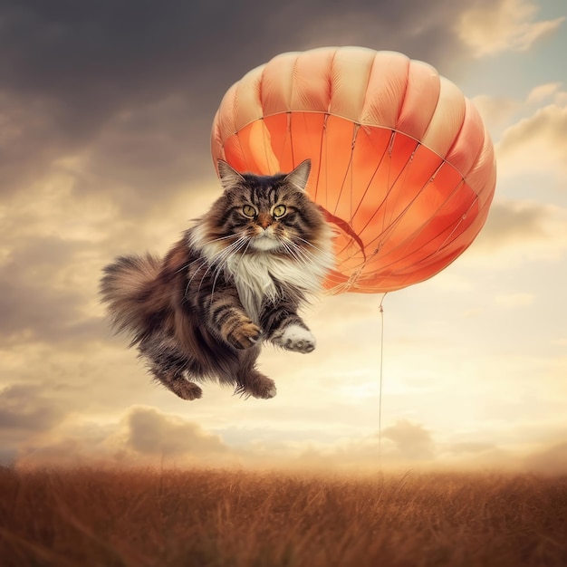 A cat flying in a balloon with the word " cat " on it.