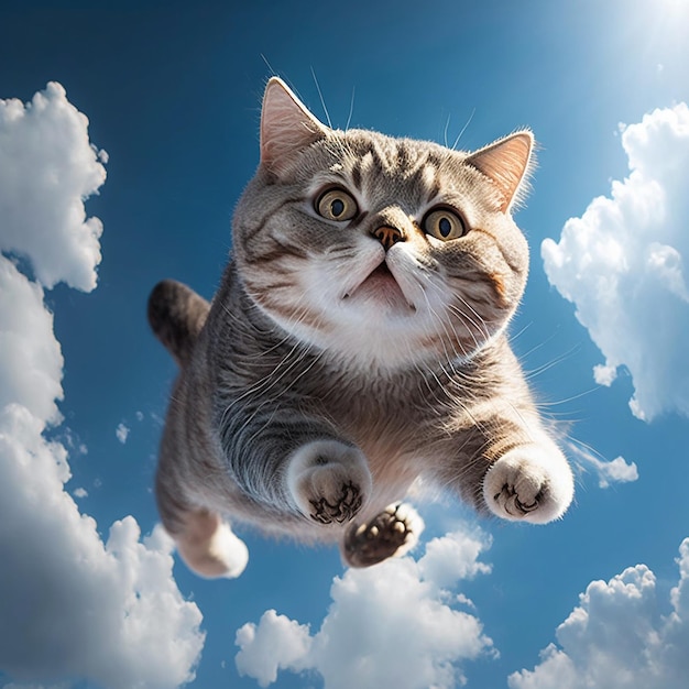 Cat flying blue sky background image Ai generated art