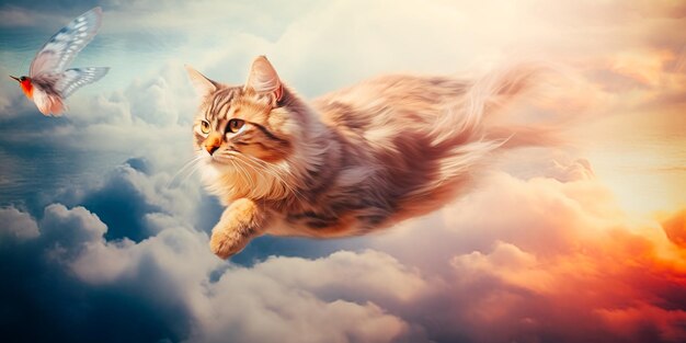 A cat flying in the sky after a bird