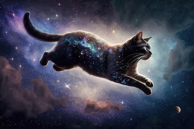 Cat flying through the galaxy on a magic carpe made of cosmic dust with a shooting star trailing behind illustration generative ai