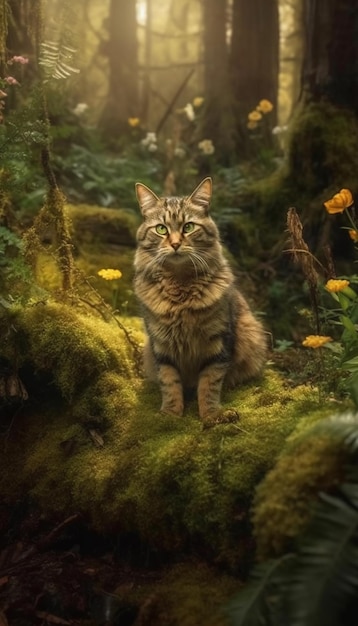 A cat in a forest with a green background