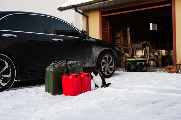 Cat and four canisters with gasoline stand in snow against car