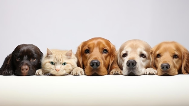 Photo a cat and four dogs peeking over a wall