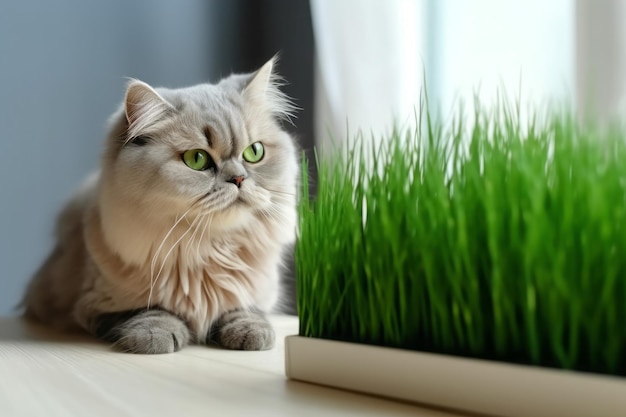 Cat fresh grass Feeding pet Generate Ai