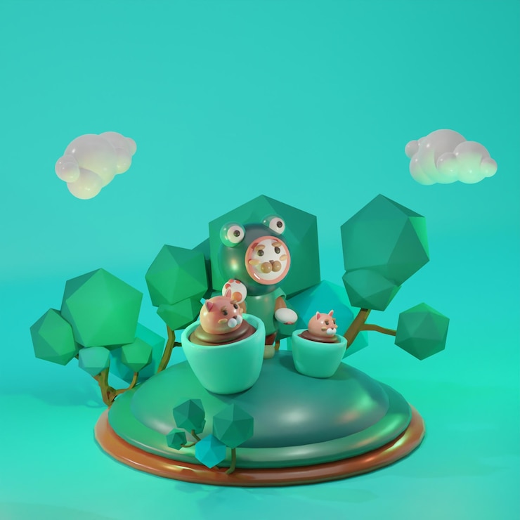 Photo 고양이 개구리 컵 3d 렌더링 화려한 배경 최소한의 장난감 귀여운 만화 디자인