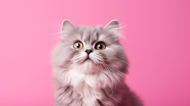 A cat in front of pink background