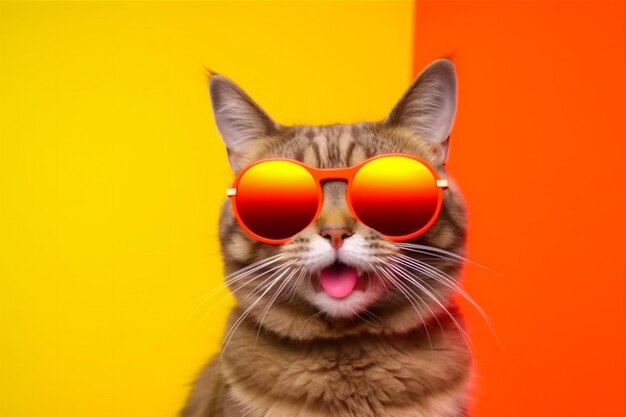 Photo cat funny fashion pet animal neon colourful cute portrait sunglasses generative ai