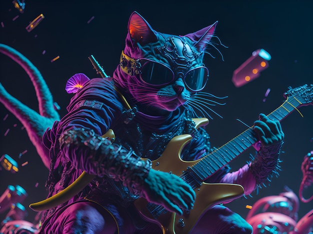 Cat-gitarist in cyberpunkstijl speelt de door AI gegenereerde gitaar