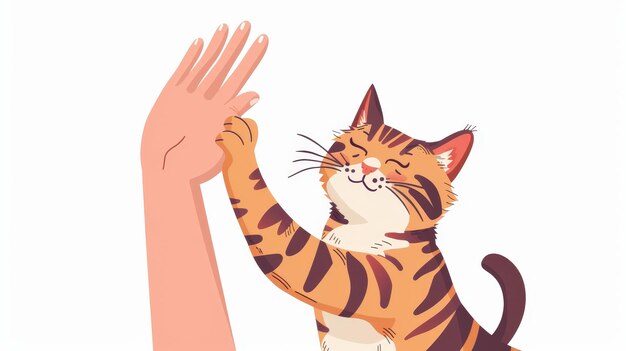 Cat giving paw and high five to owners hand Feline animal education friendship and communication concept Flat graphic modern illustration on white