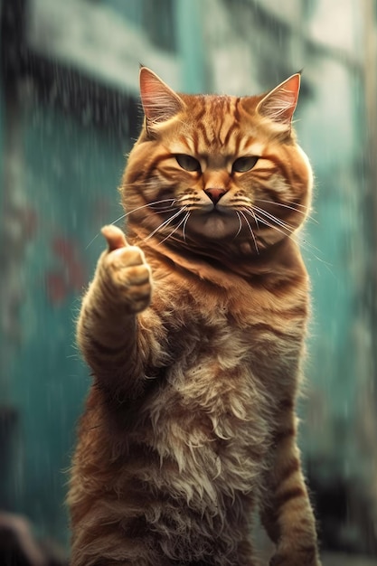 A cat giving a thumbs up in the rain