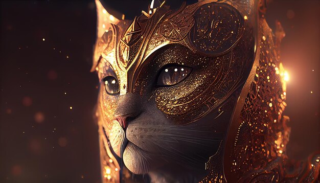 A cat in a golden armor with a gold ring on his chest.