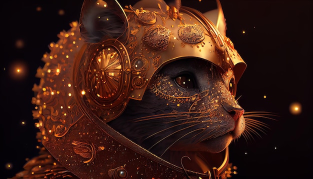 A cat in a golden helmet with a gold chain on it