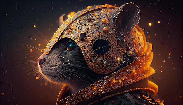 A cat in a golden helmet with a gold chain on it