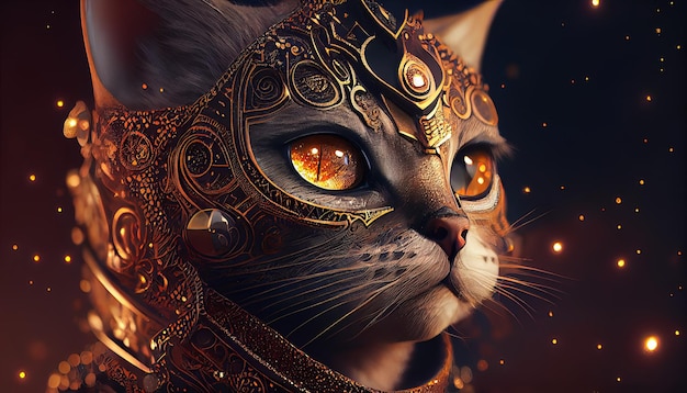 A cat in a golden mask with glowing eyes