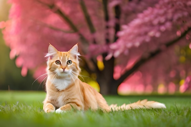 木の前の草にいる猫