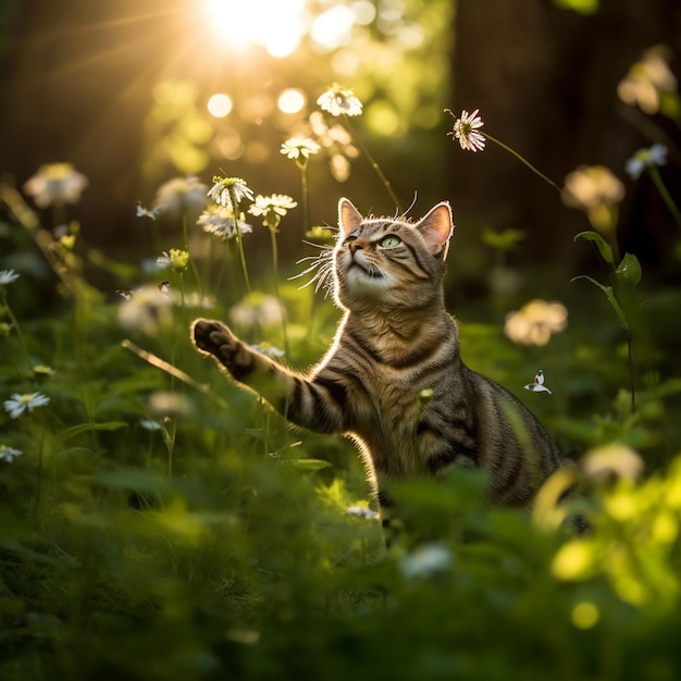 A cat in the grass looking up at a flower