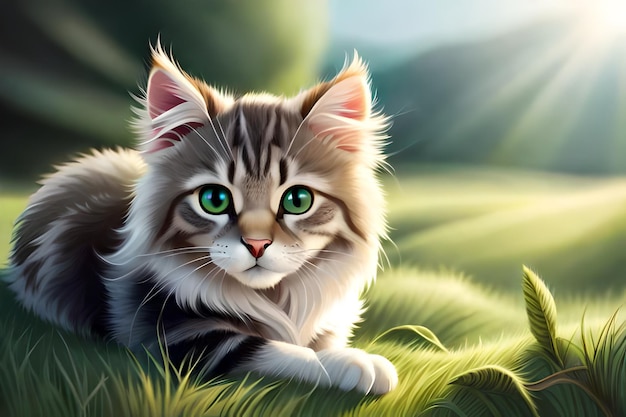 A cat in the grass with green eyes