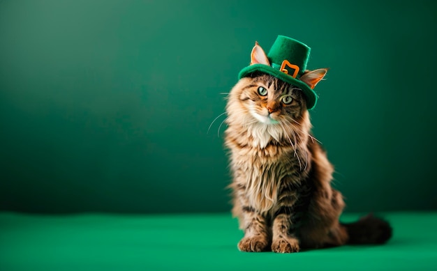 緑の背景の猫が聖パトリックの日のためにレプレコンの帽子をかぶっている