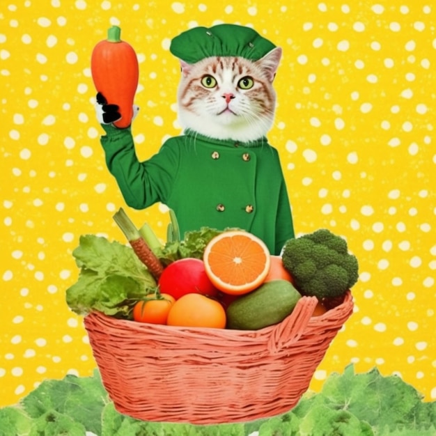 A cat in a green coat is holding a carrot in a basket of vegetables