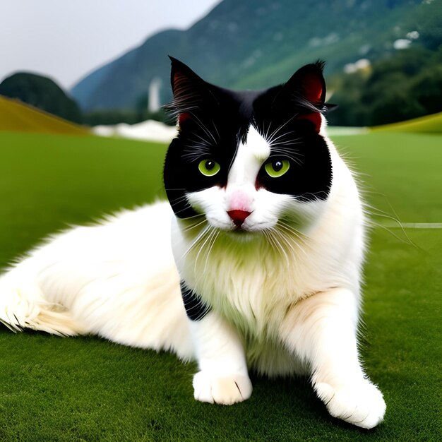 Cat on green field ai generated