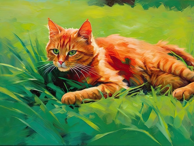 Cat on the green grass Oil painting