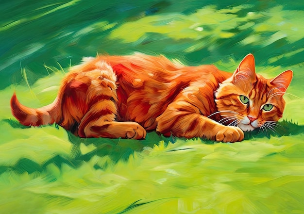 Cat on the green grass Oil painting