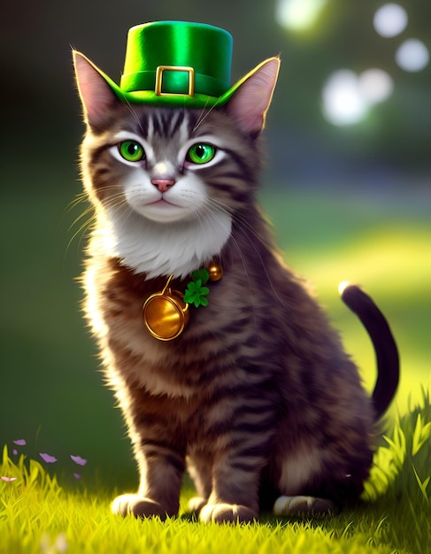 Кошка на зеленой траве в день Святого Патрика