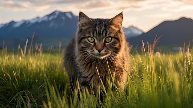 緑の高い草の猫 夕暮れの山は景色的な背景を作り出します