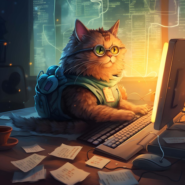 Cat hacker or program developer with laptop ai generated