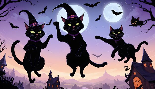 a cat in a halloween costume is flying in front of a castle with bats flying in the sky