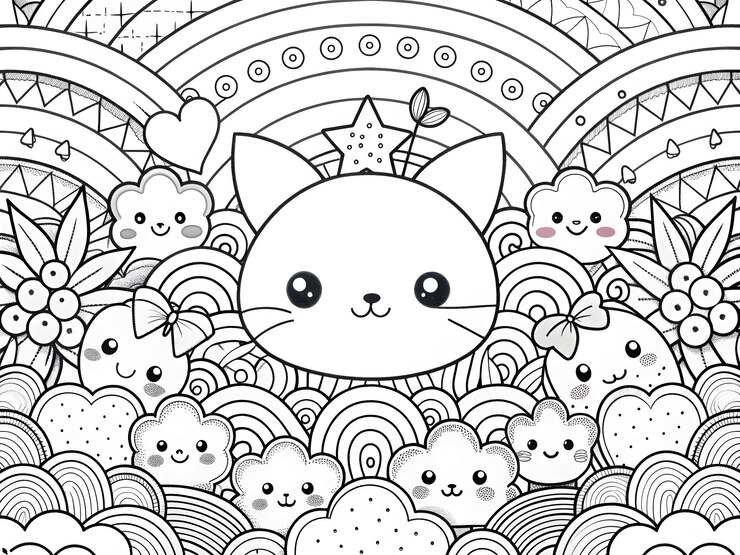 Photo cat hand drawn kawaii coloring book illustration ai generated